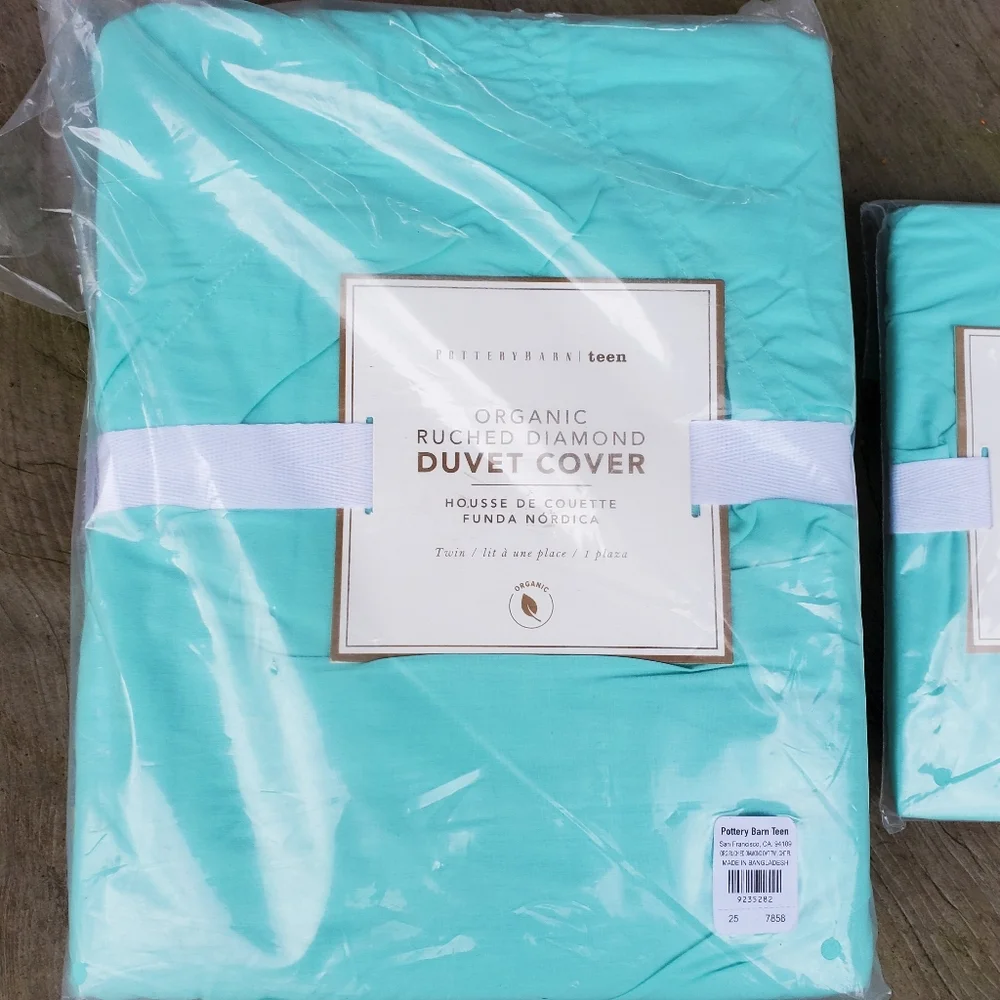 Pottery Barn Organic Ruched Diamond Twin XL Duvet Cover & Sham Turquoise Blue